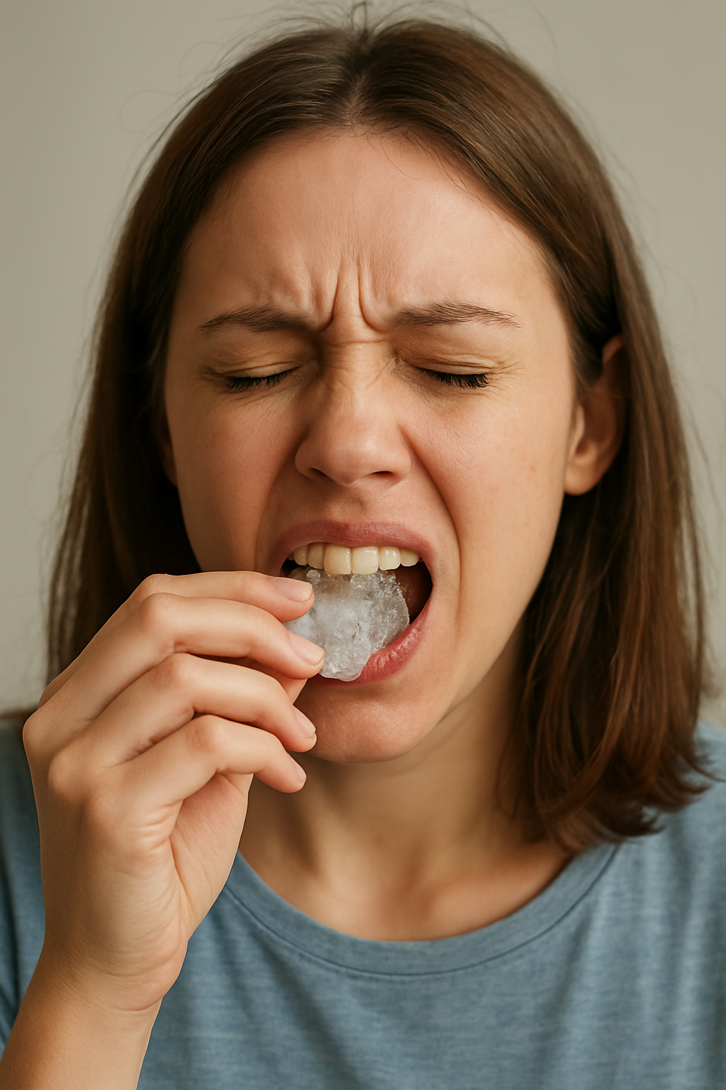 Young woman grimaces while chewing on a large ice cube.