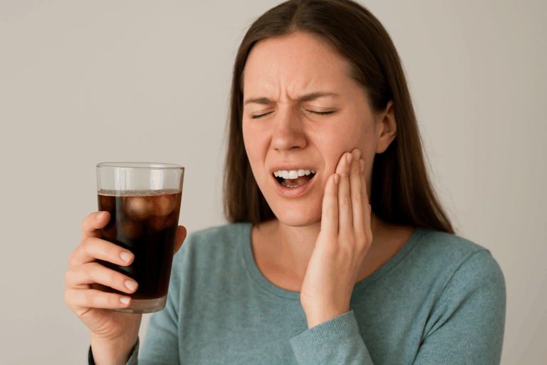 A brunette woman in long-sleeved green top holding an iced coffee recoils in tooth pain from the cold liquid.