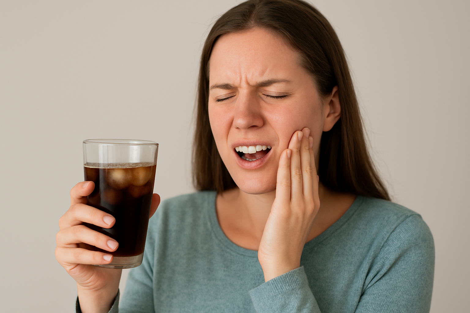 A brunette woman in long-sleeved green top holding an iced coffee recoils in tooth pain from the cold liquid.